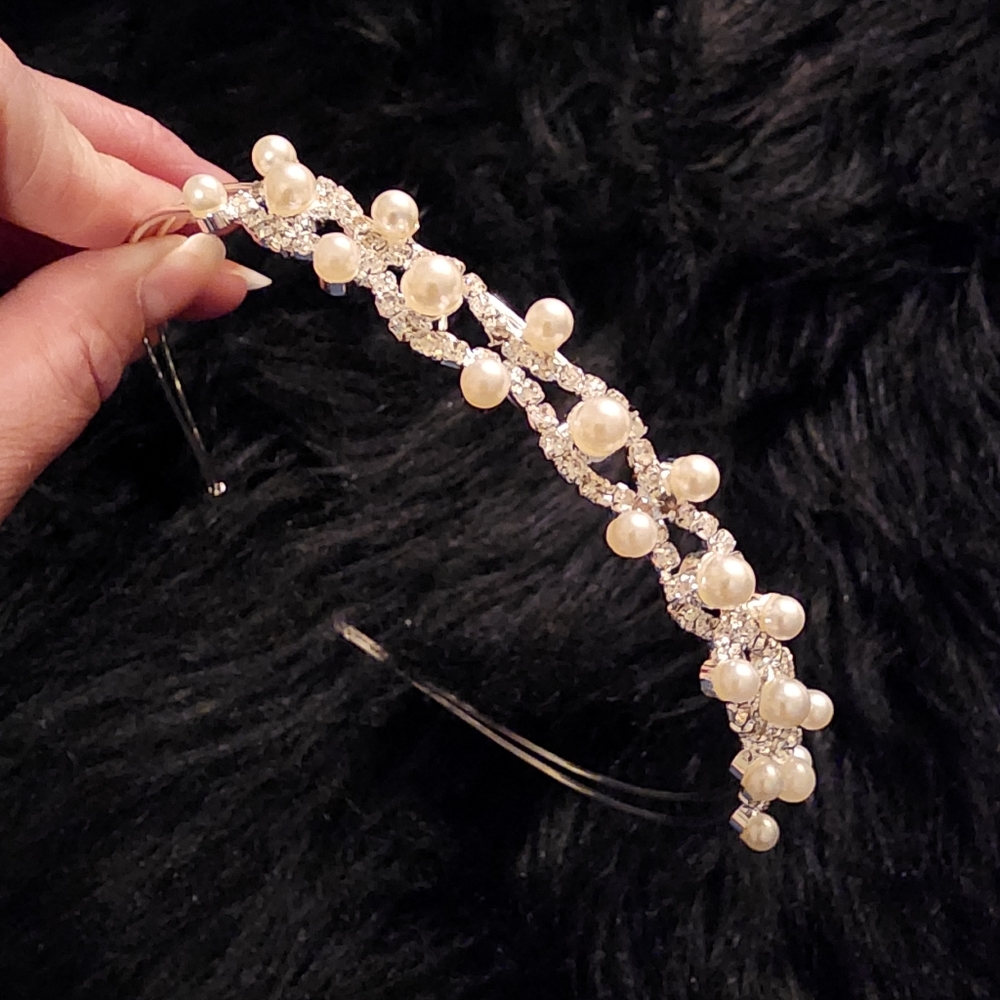Faux Pearls and Rhinestones Silver toned Tiera Wedding Bridal Flower Girl